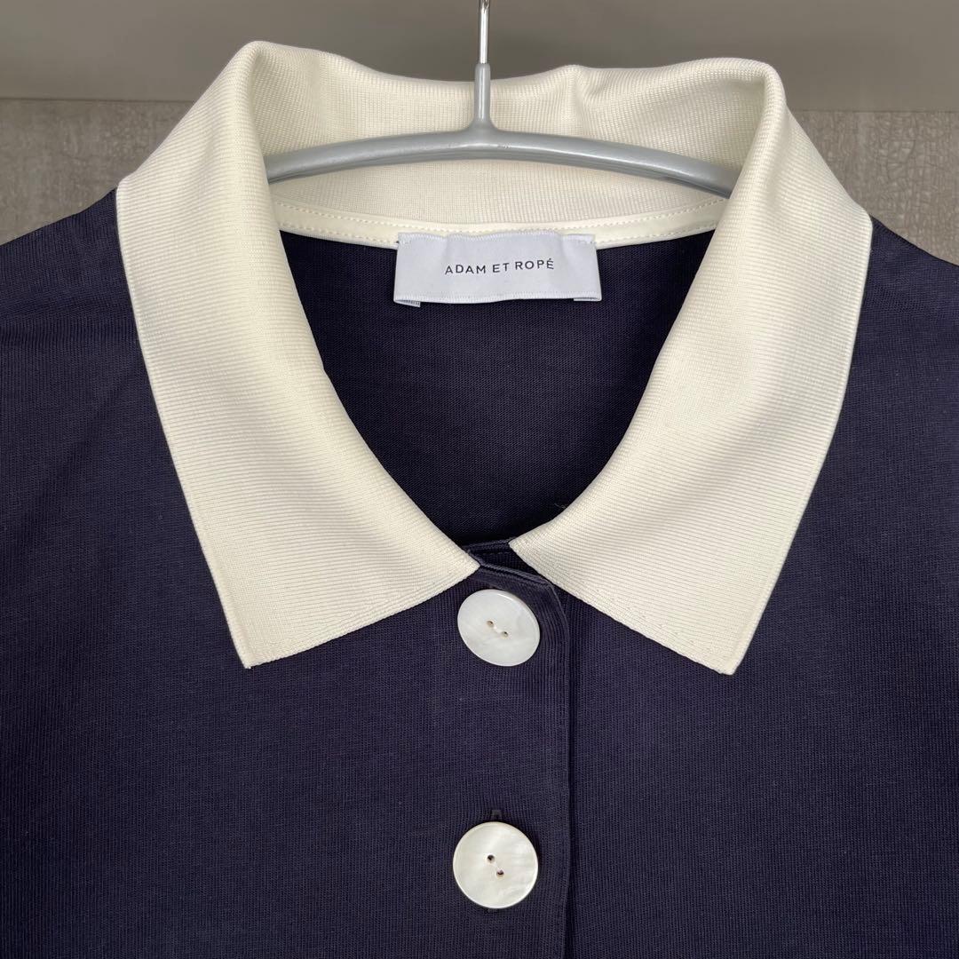 新品★アダムエロペ　コクーンスリーブポロシャツ　ネイビー×ホワイト　半袖　襟付き