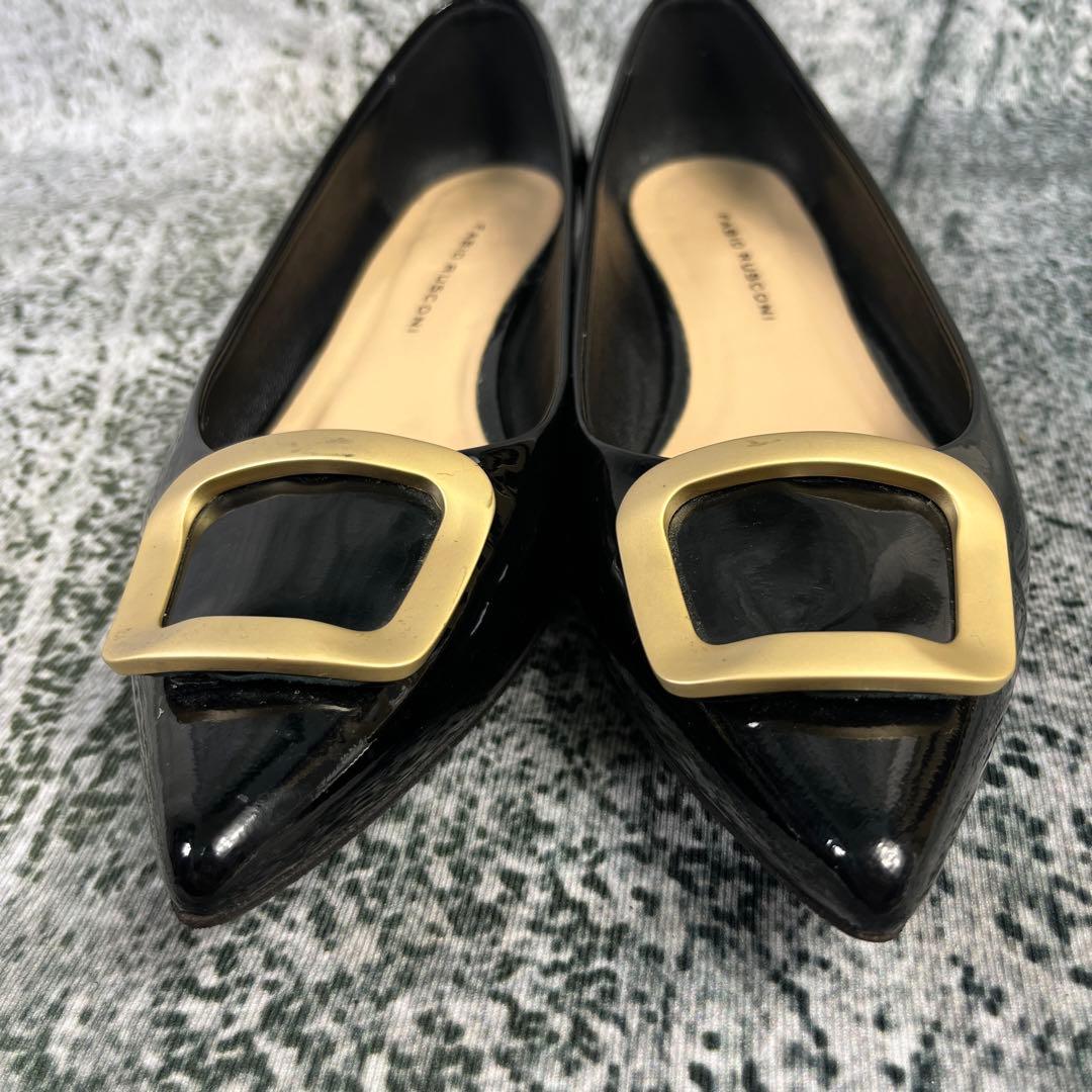 美品 ファビオルスコーニ フラットパンプス バックル エナメル ブラック