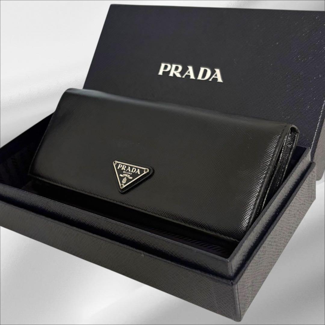 極美品✨PRADA プラダ 長財布 二つ折り財布 サフィアーノ ブラック 三角