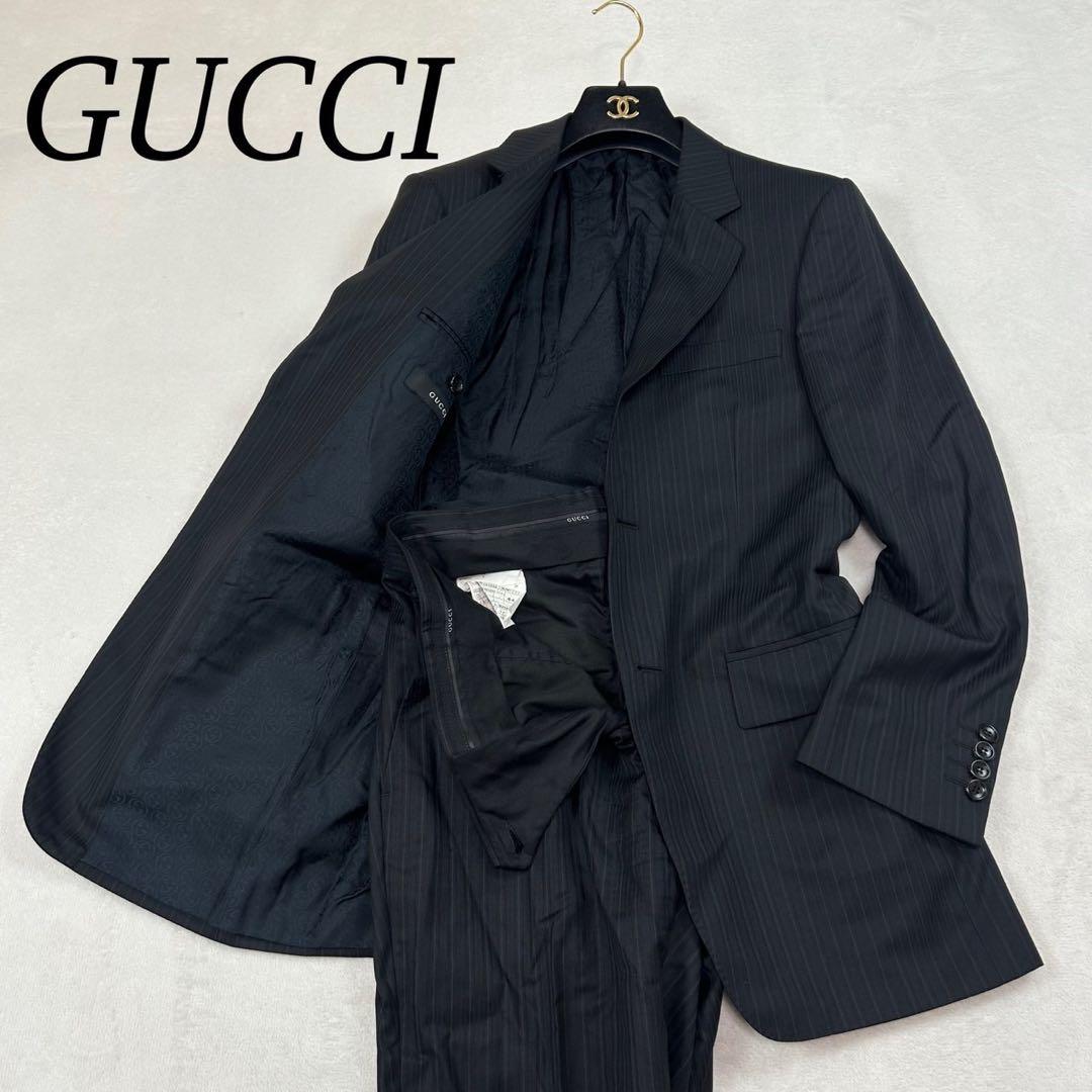 J605 美品 S グッチ イタリア製 シルク混 スーツ上下 ネイビー メンズ