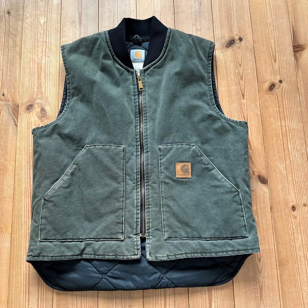 カーハート【L】 00s USA製 ダックベスト モスグリーン　極上フェード