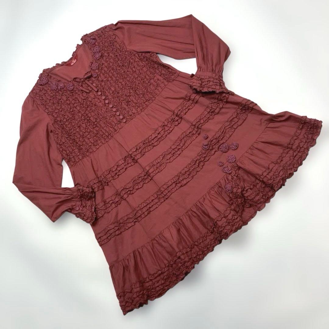 ピンクハウス くすみワインレッド ピコフリル 花モチーフ チュニック