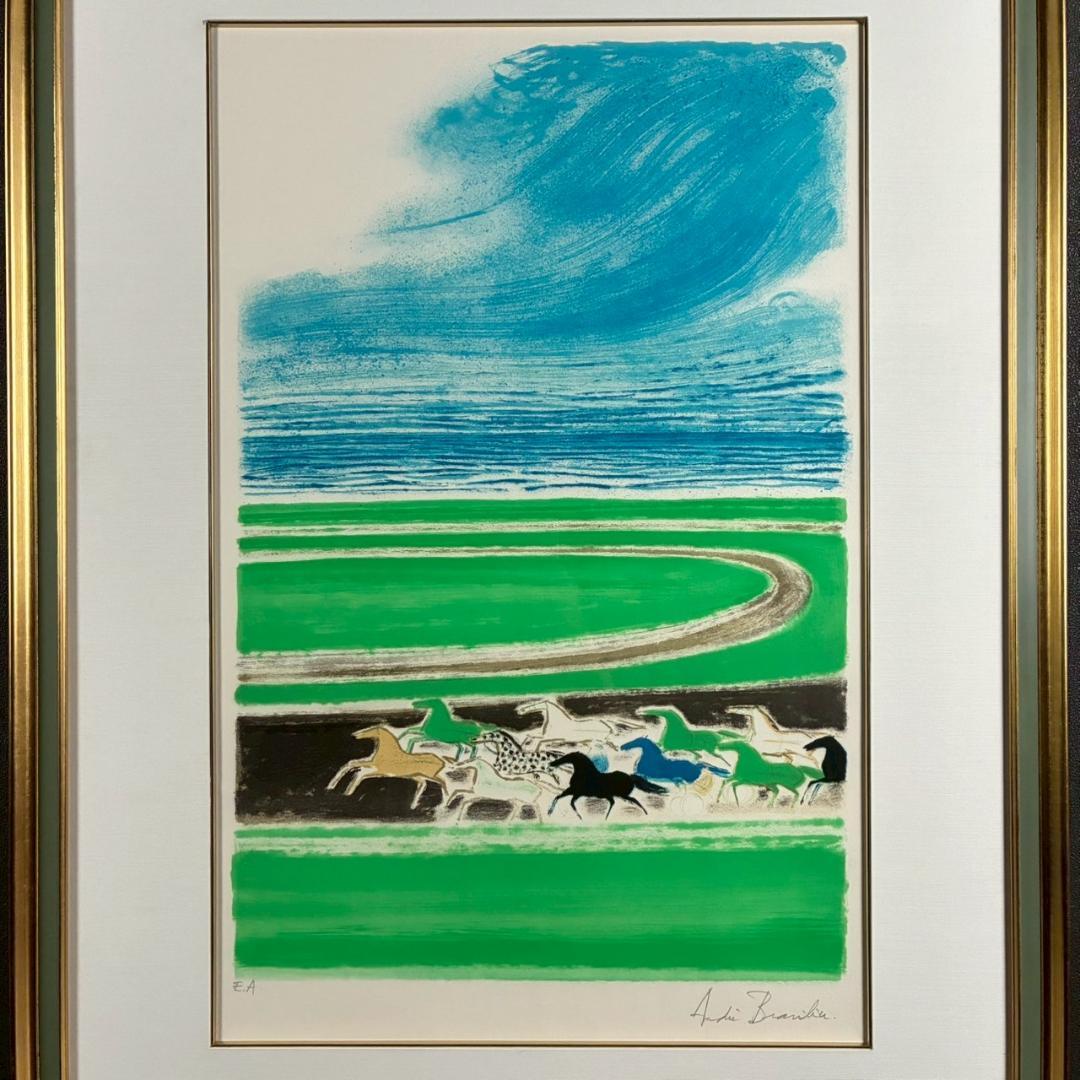 美品 アンドレ・ブラジリエ「海の前のレース」リトグラフ 直筆サイン入り 額縁入り