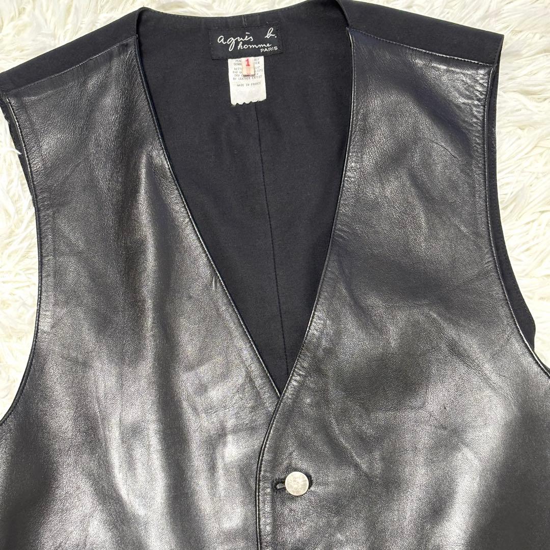 【極美品】本革リアルレザー 銀ボタン アニエスベー ジレベスト 光沢ブラック黒
