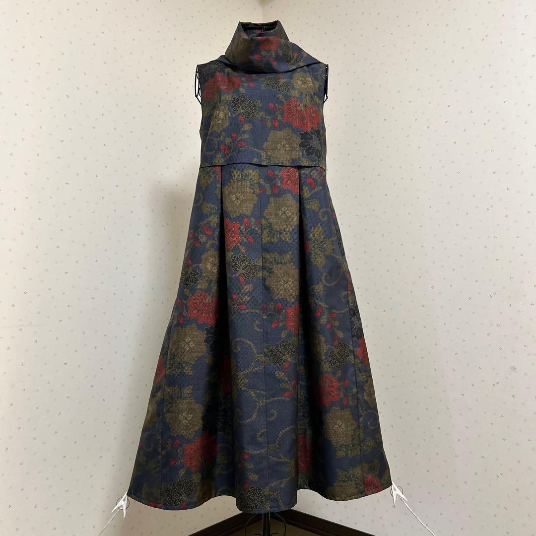 着物リメイク　正絹大島紬　タック入りジャンパースカートロング＊スヌード(Ｍ〜Ｌ)