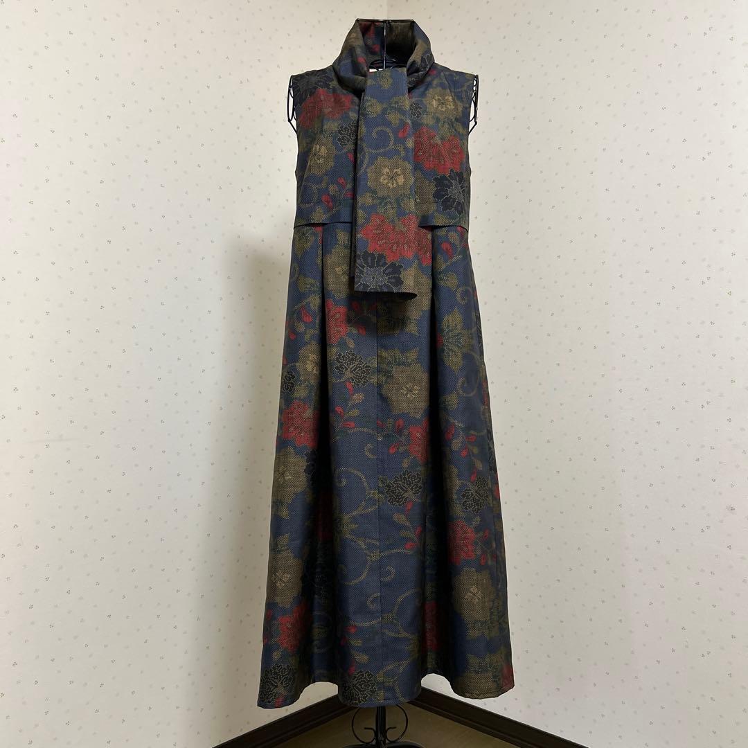 着物リメイク　正絹大島紬　タック入りジャンパースカートロング＊スヌード(Ｍ〜Ｌ)