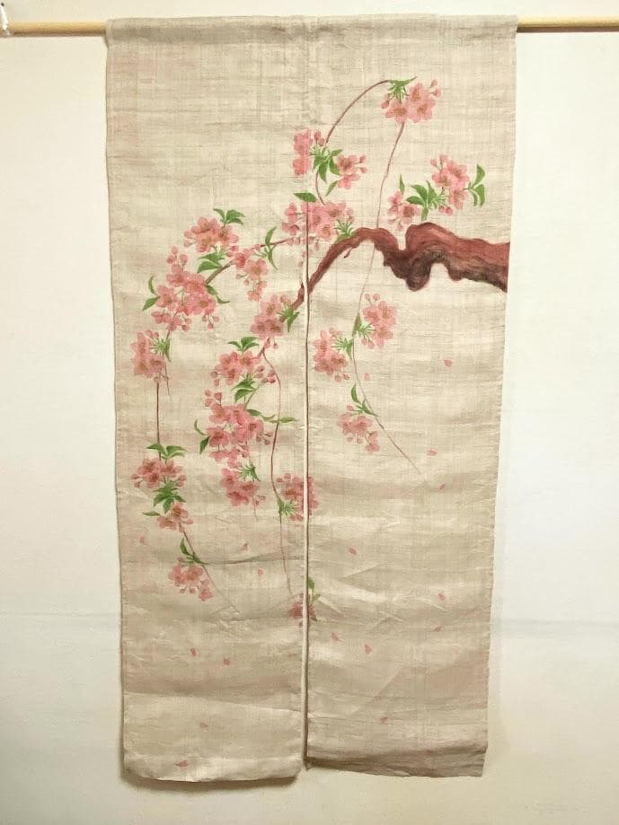 手描き麻暖簾【枝垂櫻】手染め　桜のれん 巾77×158cm　一点物　アンティーク