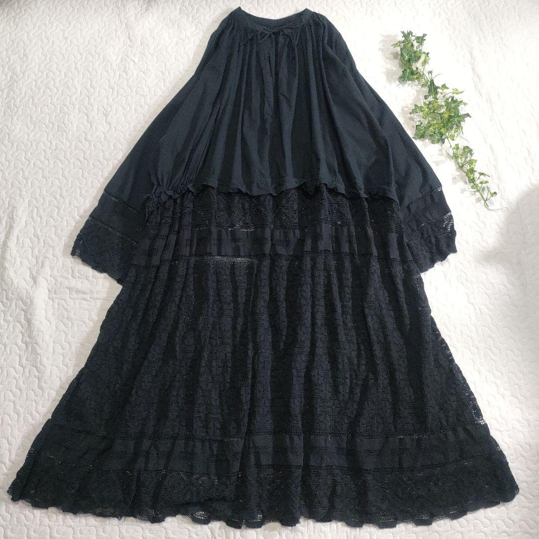 美品✨TODAYFUL　コットンレースギャザーワンピース　ゆったり　黒　38