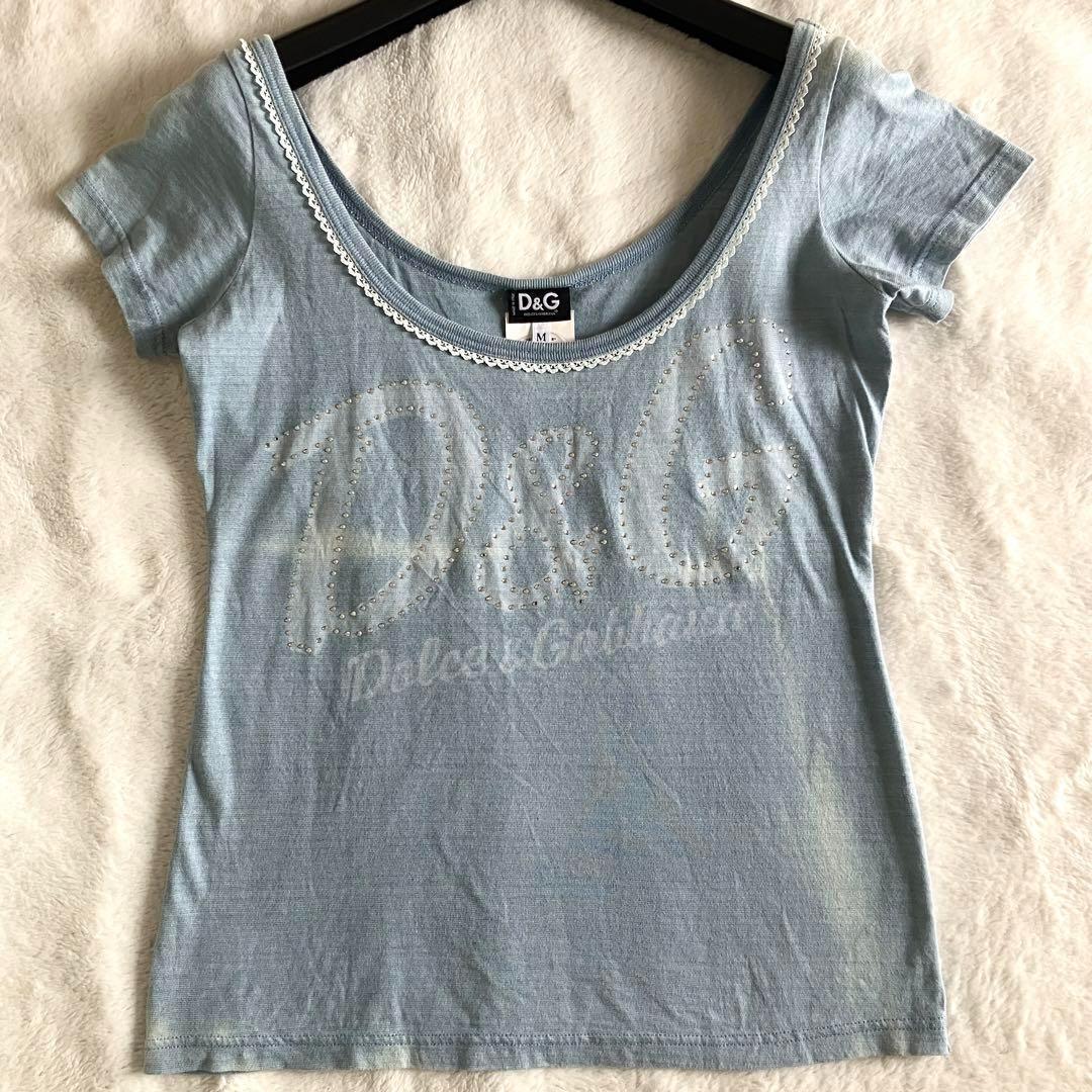 新品 ドルチェアンドガッバーナ コットン ロゴ ダメージ加工Tシャツ M ブルー