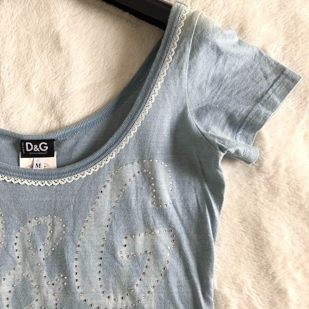 新品 ドルチェアンドガッバーナ コットン ロゴ ダメージ加工Tシャツ M ブルー