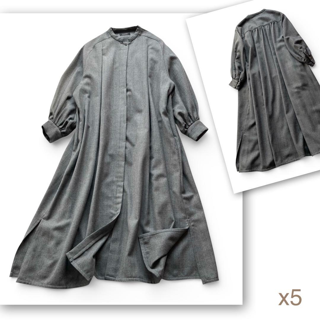 シンメ　スモックドレス　ウール　サイズFREE グレー　比翼仕立て