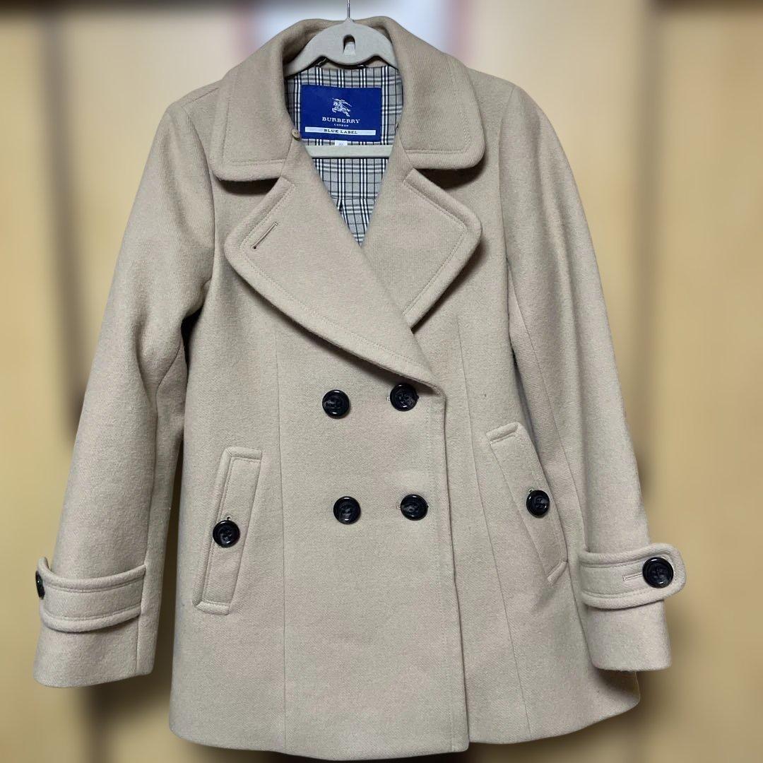 【美品】 バーバリーブルーレーベル アンゴラ Pコート ノバチェック ダブル