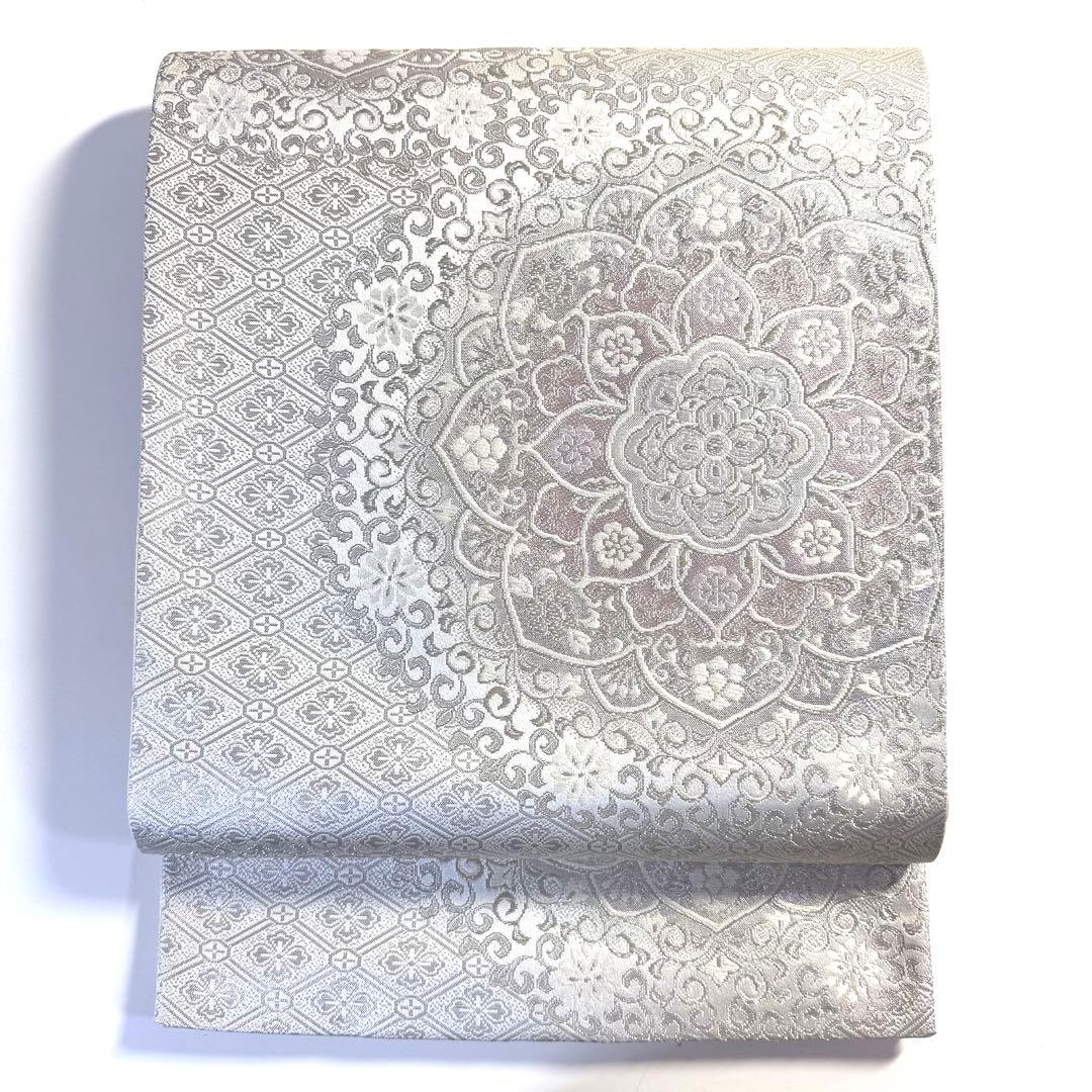 6k128 袋帯　絹　唐織　正倉院文様　華文　銀色　白　ピンク　紫　花柄　和装