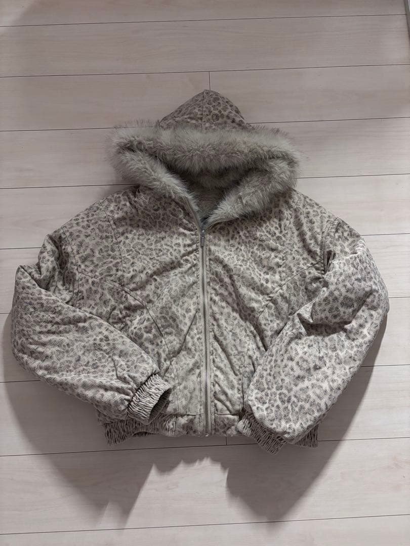 ヒョウ柄 フード付きファーアウター