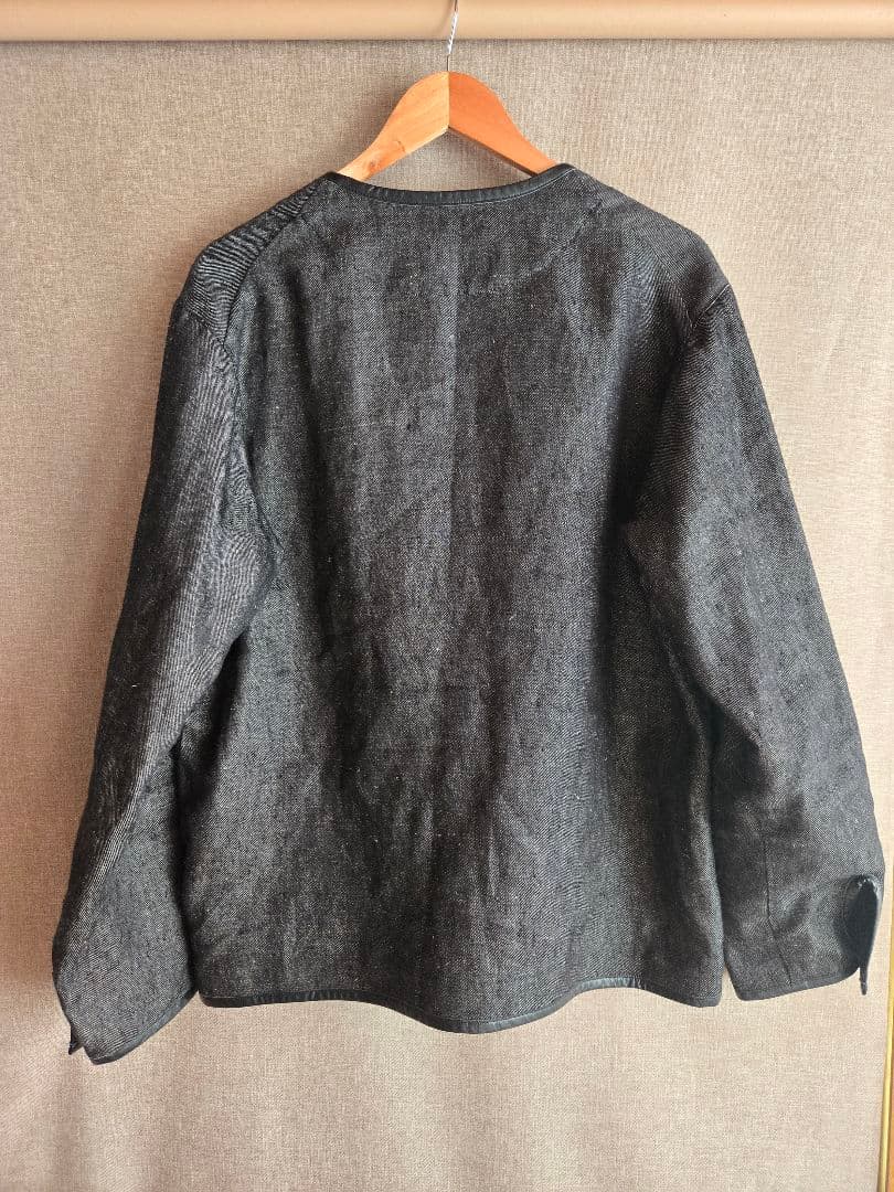 la favola リネンレザー ノーカラー パイピングブルゾン カーディガン