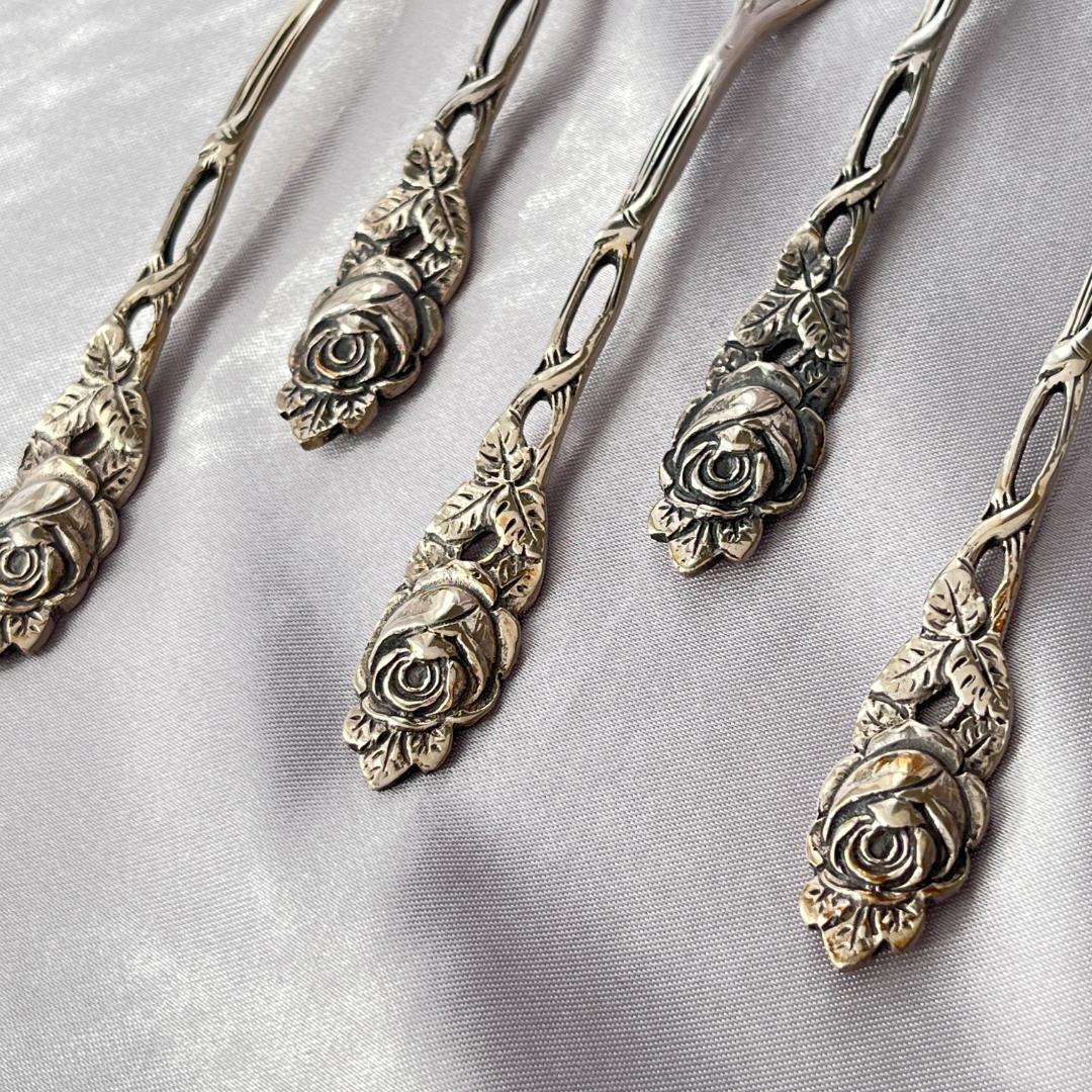 【Adam Manns】 薔薇のケーキフォーク 6本【純銀】ヒルデスハイムローズ