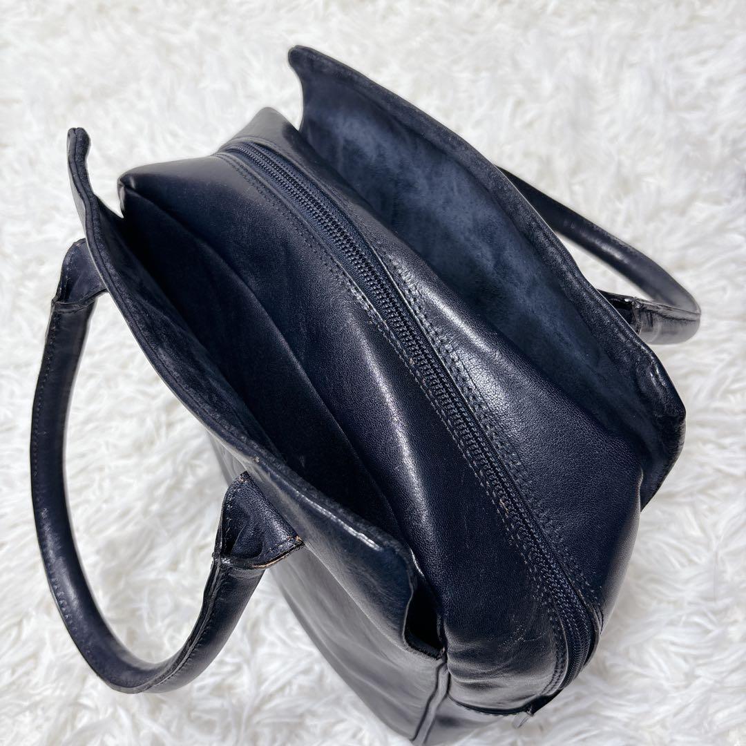 良品✨HIROFU ヒロフ レザー ハンドバッグ Hロゴ ネイビー ゴールド金具
