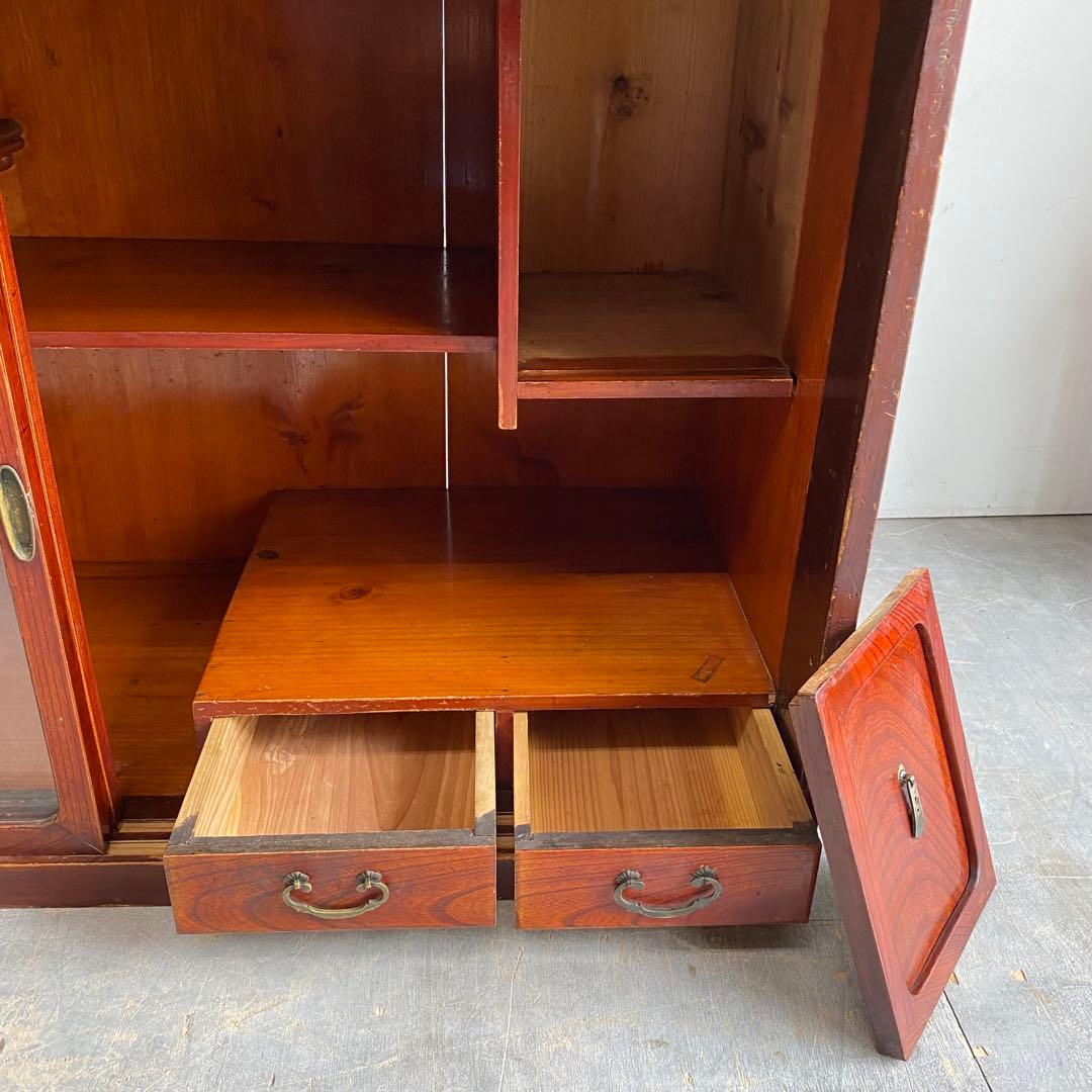 ヴィンテージ ガラス戸棚 キャビネット 水屋箪笥 昭和レトロ 無垢材 z505