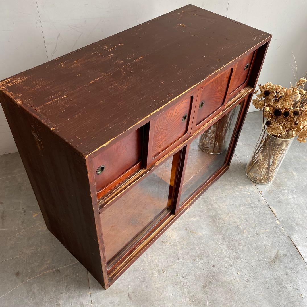 ヴィンテージ ガラス戸棚 キャビネット 水屋箪笥 昭和レトロ 無垢材 z505