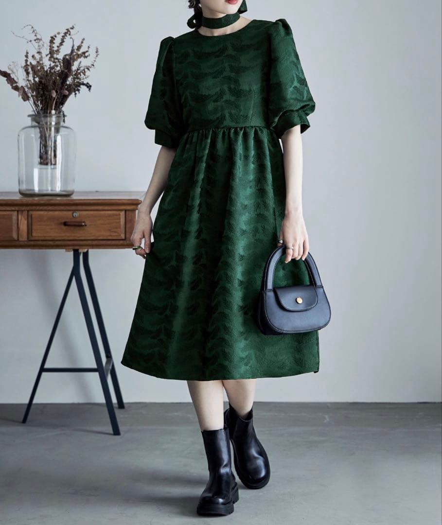 etoll.　ジャガードパフスリーブドレス　グリーン　Mサイズ