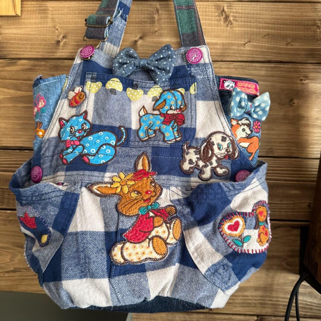 ハンドメイド デニムリメイク バッグ レトロアニマル サロペット 楕円底 23