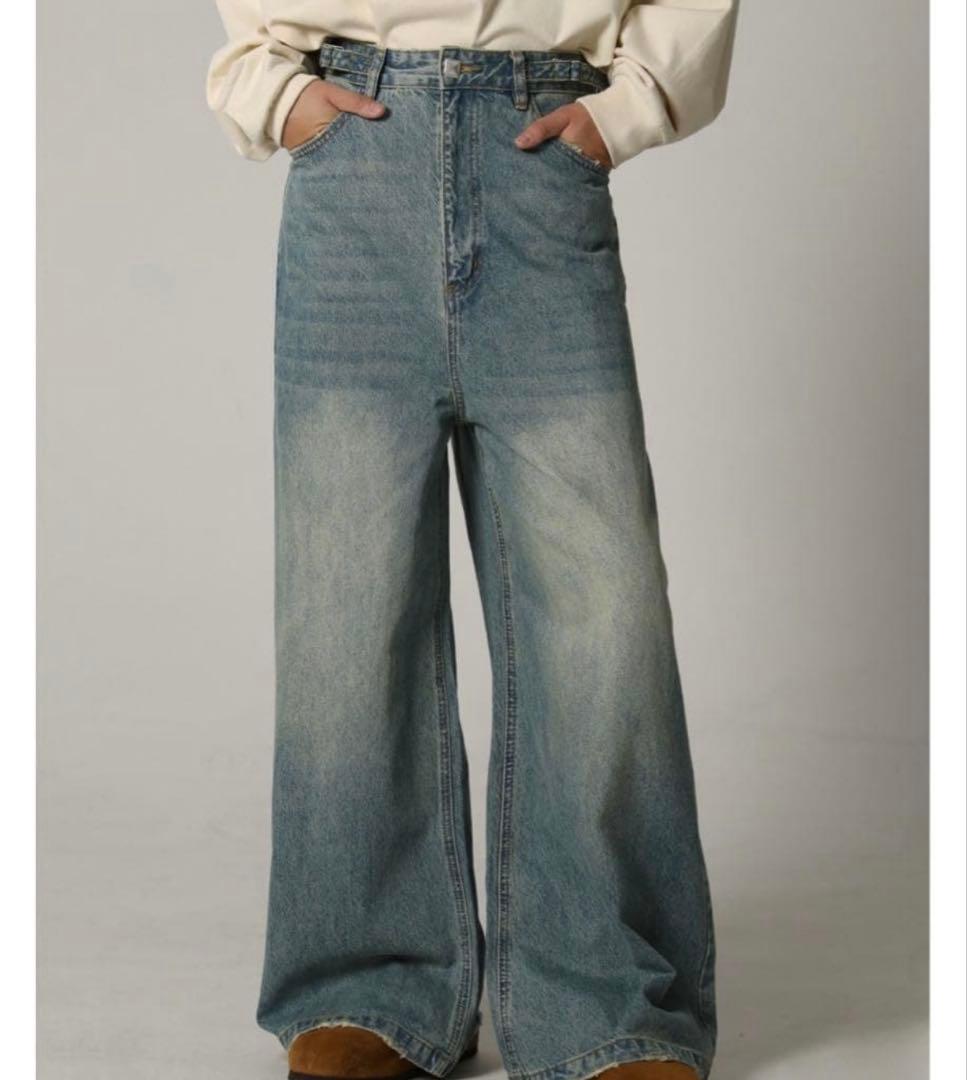 MASONPRINCE サイドベルト ワイドフレアデニムパンツ ライトブルー