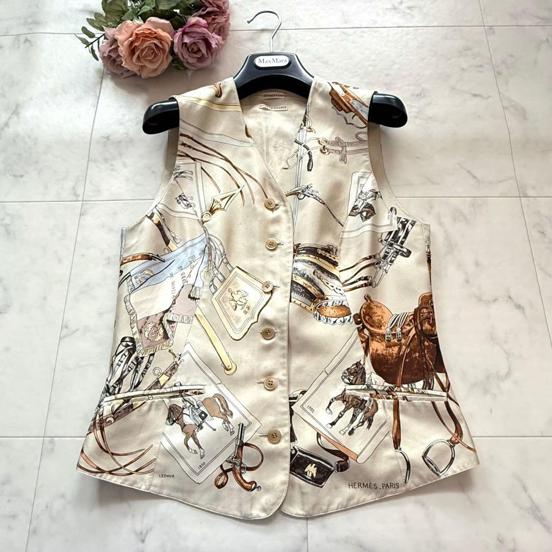 希少✨HERMES マルジェラ期 シルク100% ベスト ジレ スカーフ柄 38