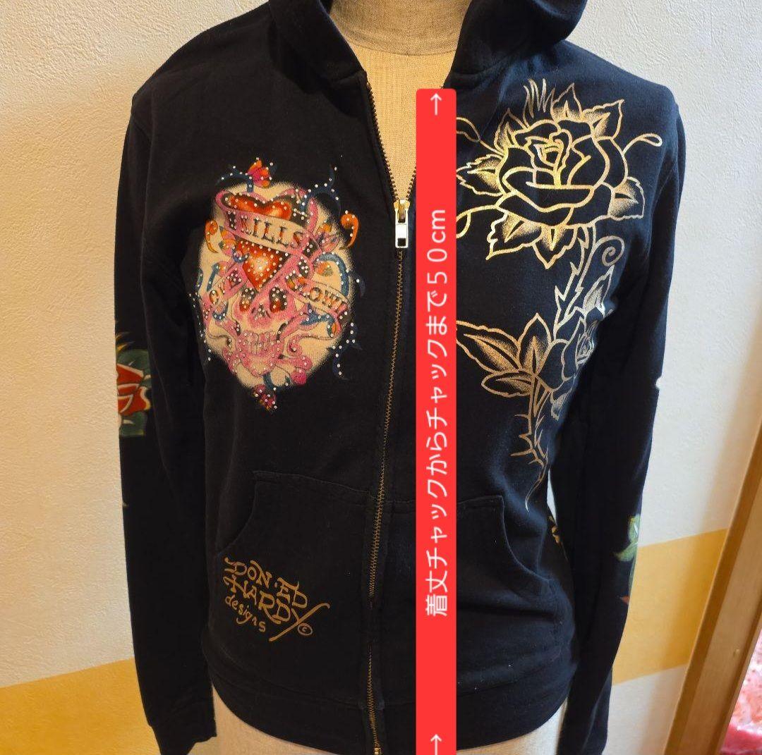 Ed Hardy花柄刺繍 パーカー 黒 Seattle 1968