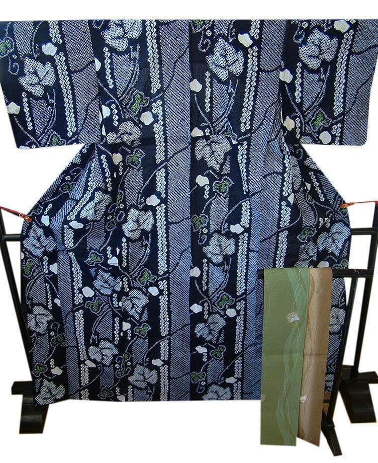 美品 鳴海 総絞り 浴衣 ロング 四寸帯 ２点 セット 綿 Ym115-A