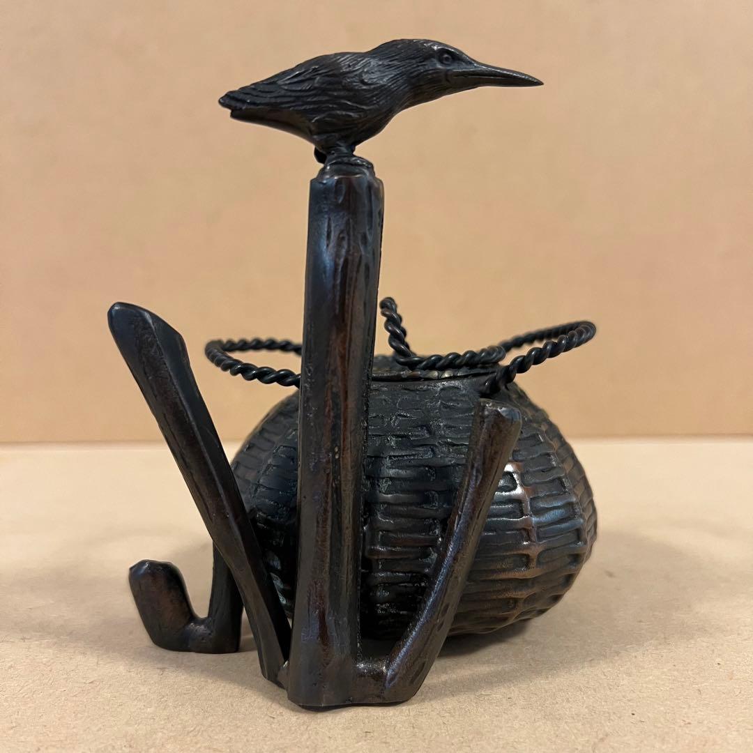高岡銅器 陽光作 銅製 魚籠 川蝉 カワセミ 青銅 香爐 香炉 共箱 鋳造