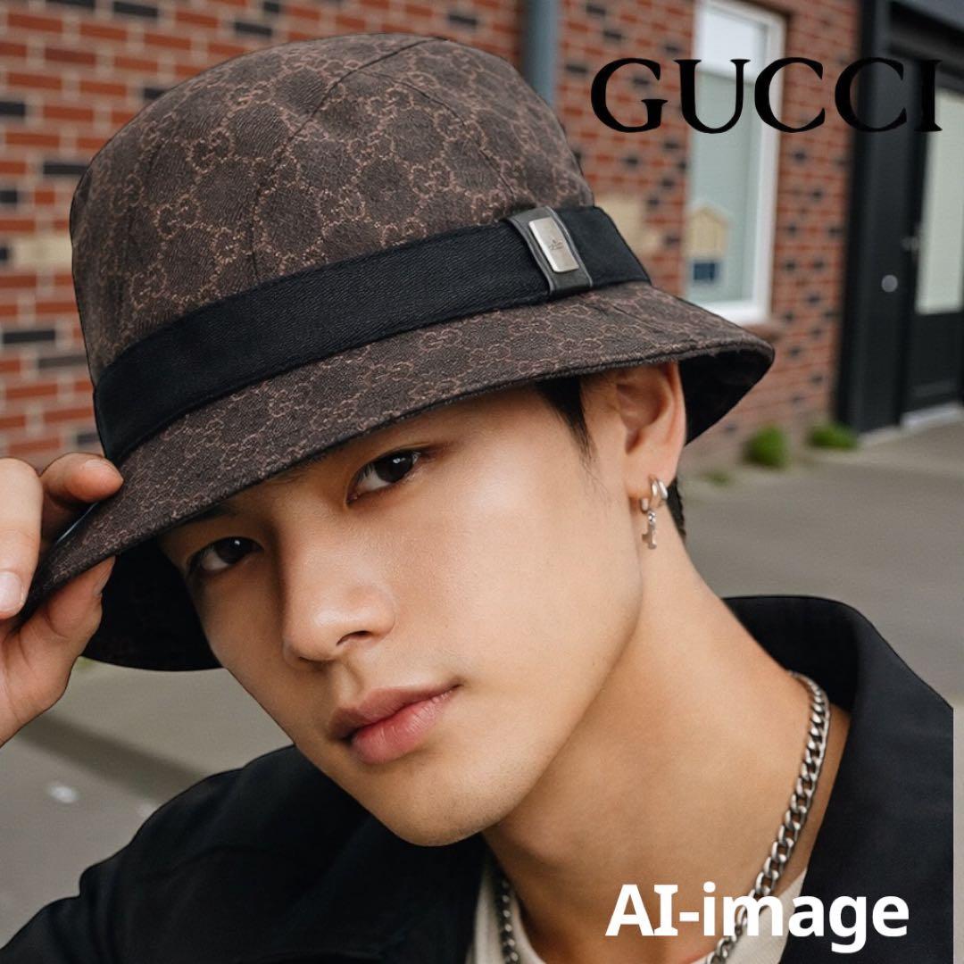 GUCCI グッチ GGキャンバス バケットハット 帽子 Mサイズ　ブラウン