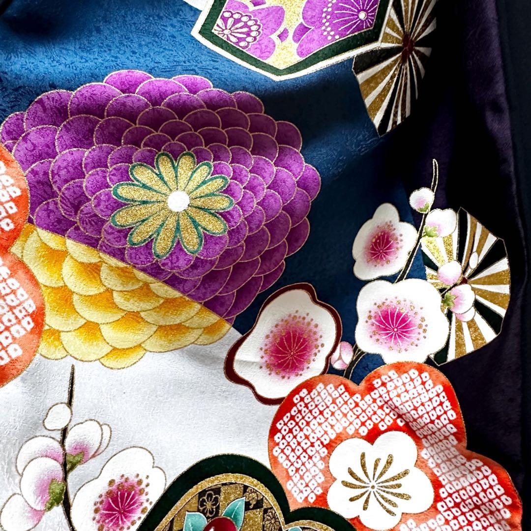 振袖　着物リメイク　ドレス　濃紺×金彩梅や菊　和柄　ワンピース　ハンドメイド