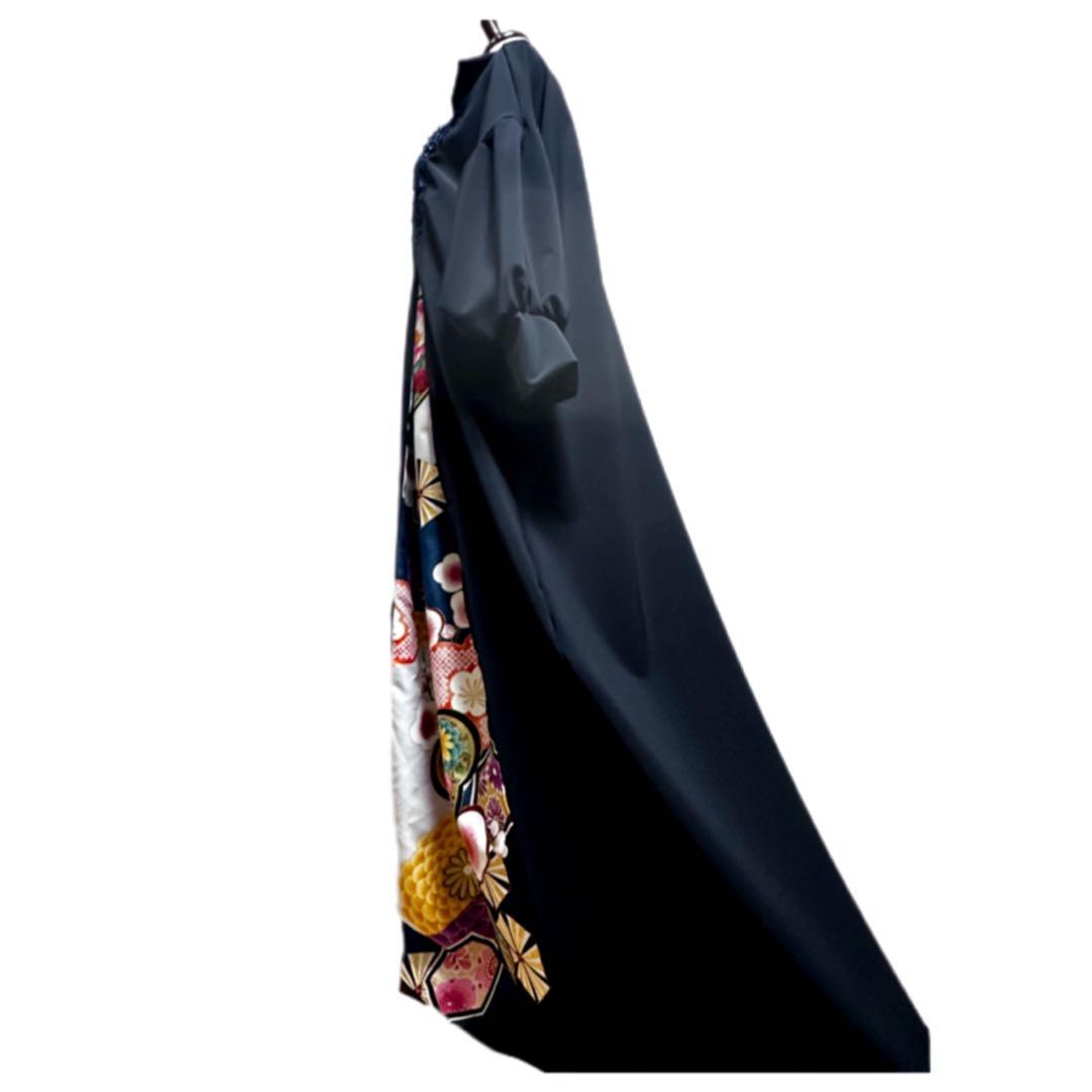 振袖　着物リメイク　ドレス　濃紺×金彩梅や菊　和柄　ワンピース　ハンドメイド