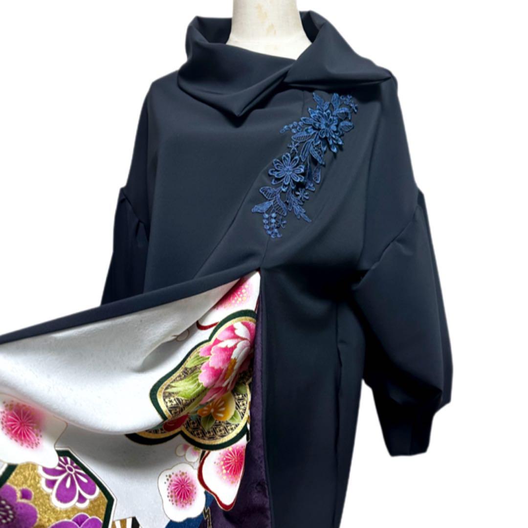 振袖　着物リメイク　ドレス　濃紺×金彩梅や菊　和柄　ワンピース　ハンドメイド