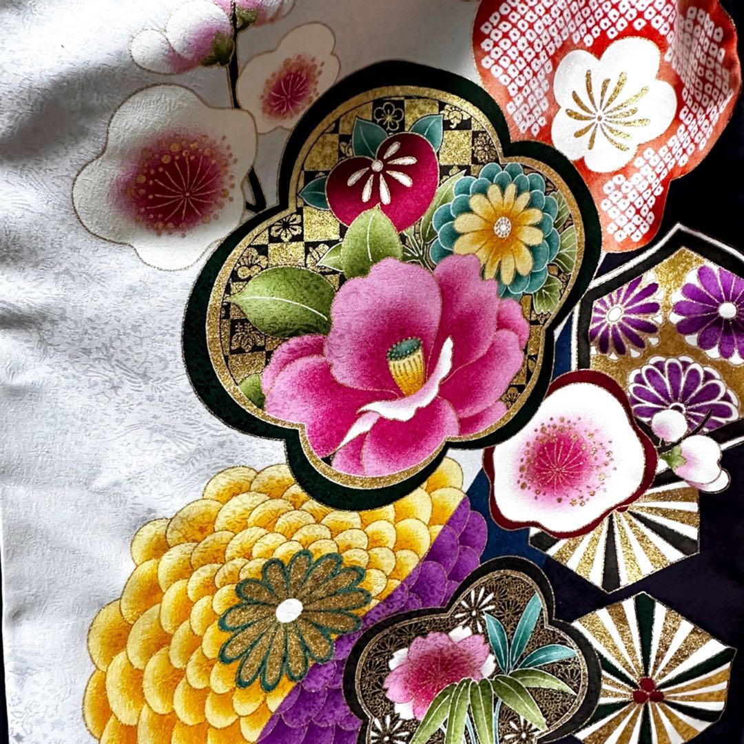 振袖　着物リメイク　ドレス　濃紺×金彩梅や菊　和柄　ワンピース　ハンドメイド