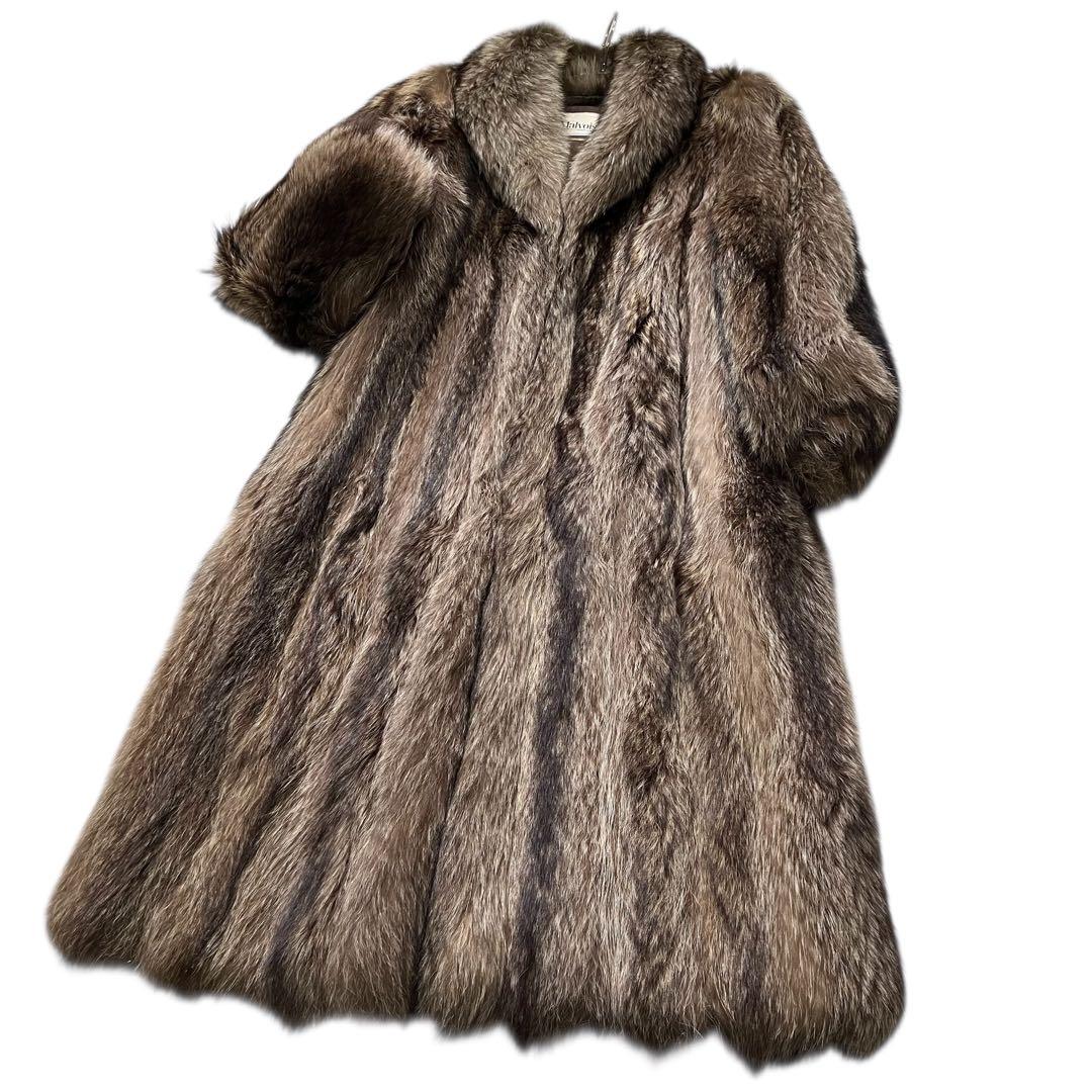 着丈110cm シルバーフォックス リアルファーコート 本毛皮 XLサイズ相当