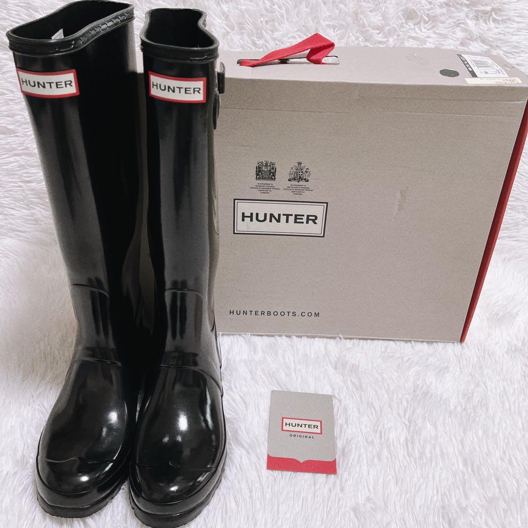《美品》HUNTER レインブーツ トール グロス サイドベルト 24cm 黒