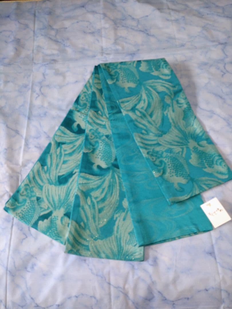 新品未使用　ふりふ　半幅帯　金魚　ターコイズブルー　小袋帯　リバーシブル