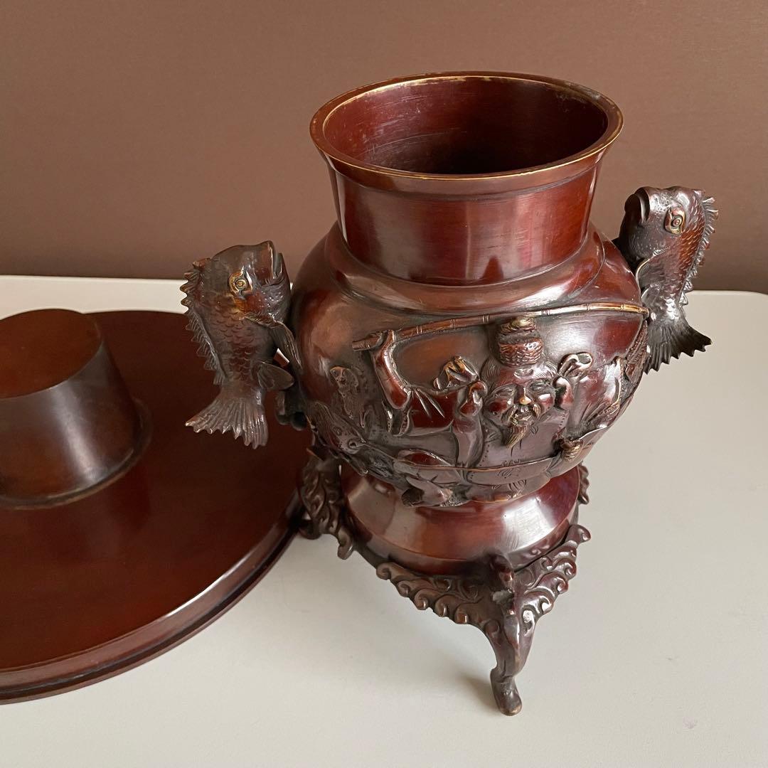 シ*イ様 銅花器 薄端 金工師 五郎三郎 恵比寿文 鯛彫双耳 三足 重さ3.6k