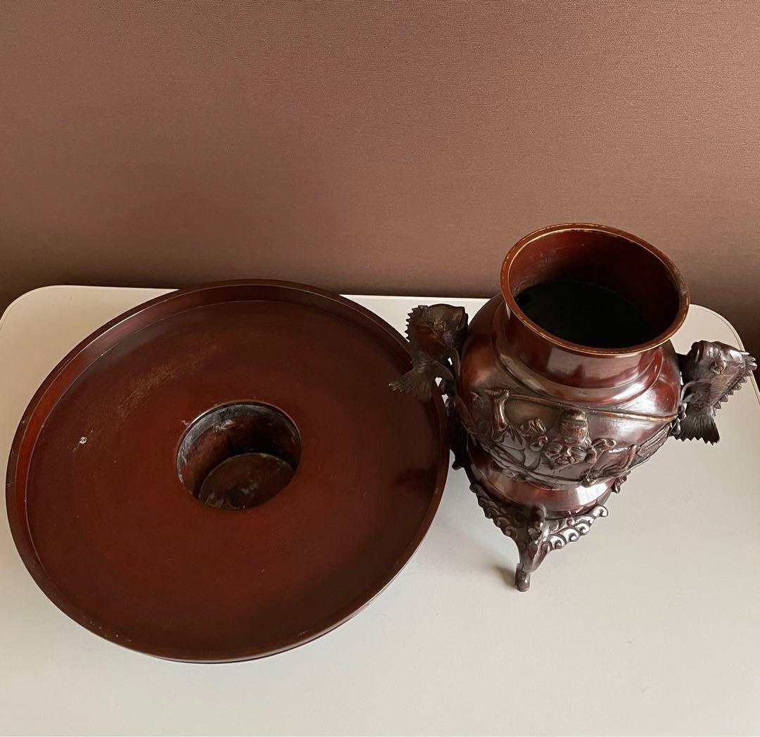 シ*イ様 銅花器 薄端 金工師 五郎三郎 恵比寿文 鯛彫双耳 三足 重さ3.6k