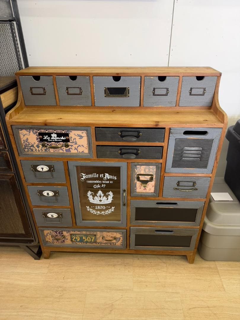 天然木　スチール　キャビネット　インダストリアル　チェスト　引出　レトロ　棚