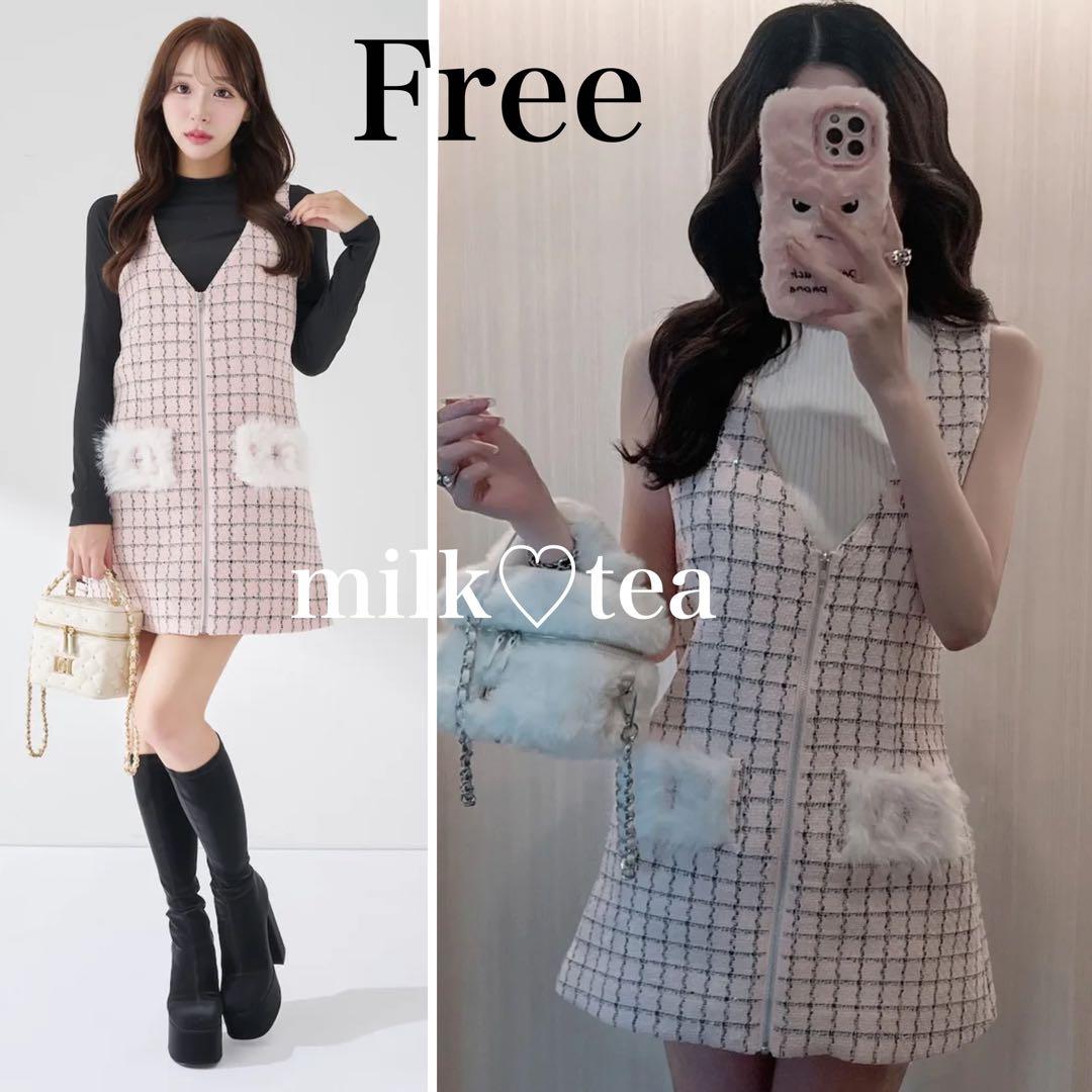 新品タグ付 ダーリッチ フロントファスナーツイードミニワンピース フリー ピンク