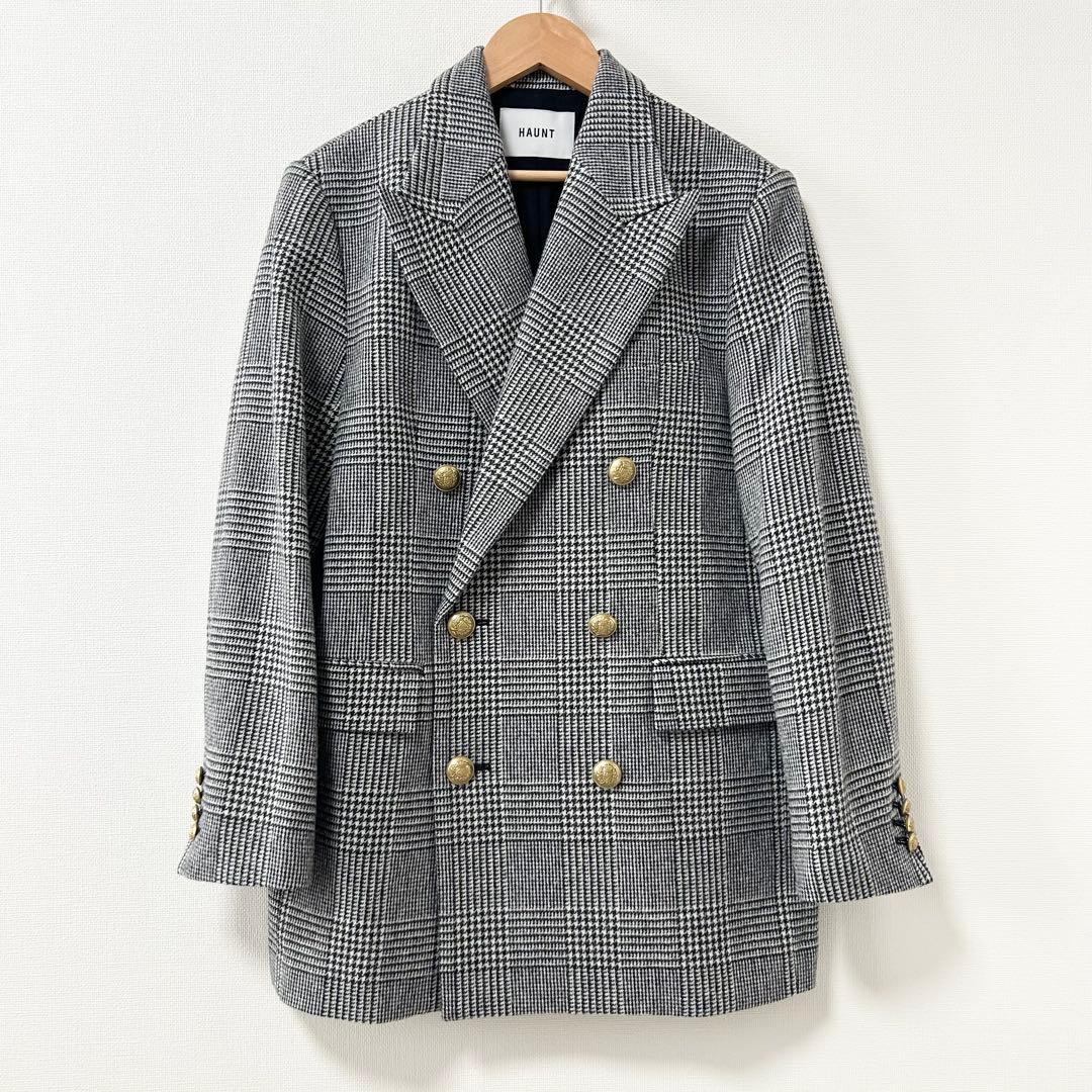 美品✨HAUNT ダブルジャケット　グレー　チェック　金ボタン　38