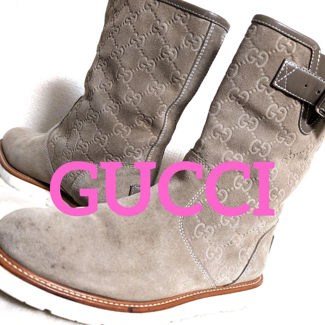 eo17 GUCCI スエード GG ブーツ ベージュ バックル付き 38.5