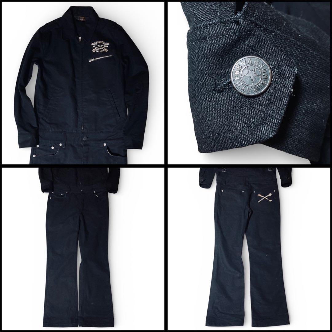 VANSON バンソン つなぎ オールインワン スカル刺繍 ブラック Sサイズ