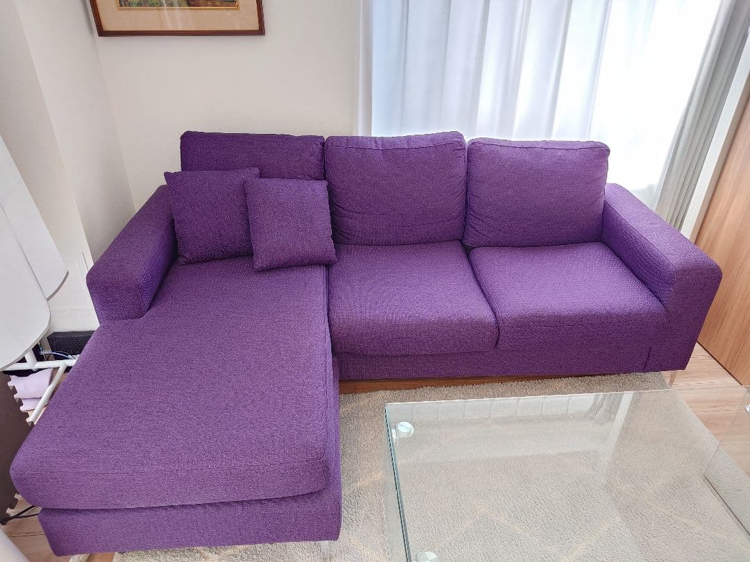 パープル L字型ソファ 付属クッション付き