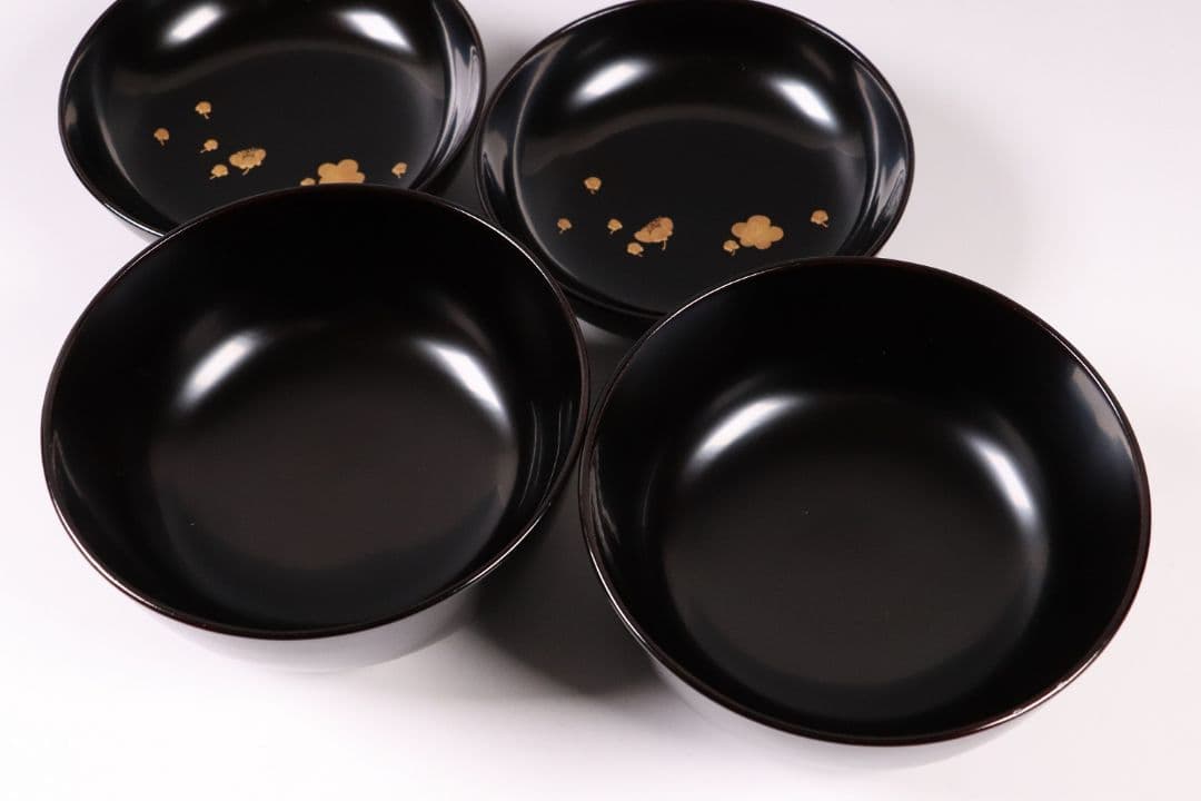 CL85 能登輪島塗 鴛鴦金蒔絵 見返梅 黒塗椀 二客 天然木 梨地 研出 花鳥