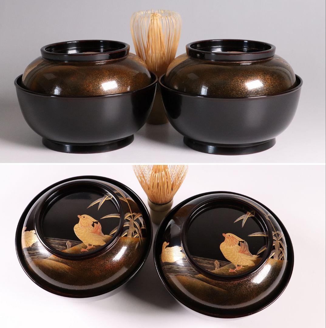 CL85 能登輪島塗 鴛鴦金蒔絵 見返梅 黒塗椀 二客 天然木 梨地 研出 花鳥