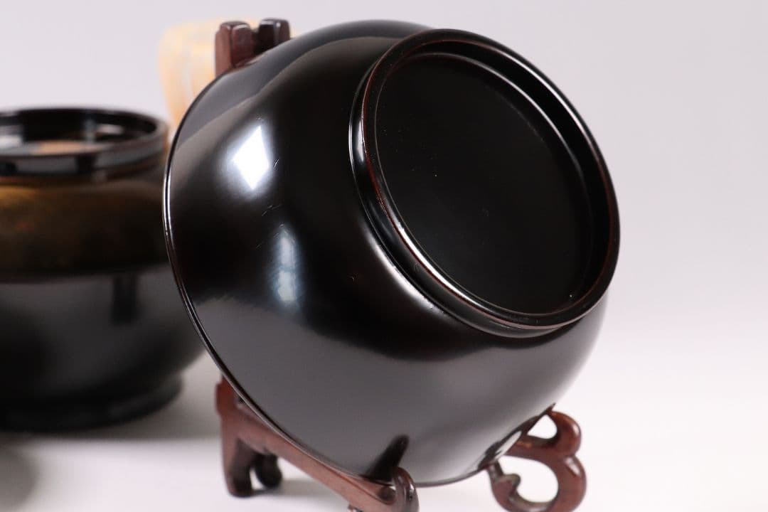 CL85 能登輪島塗 鴛鴦金蒔絵 見返梅 黒塗椀 二客 天然木 梨地 研出 花鳥