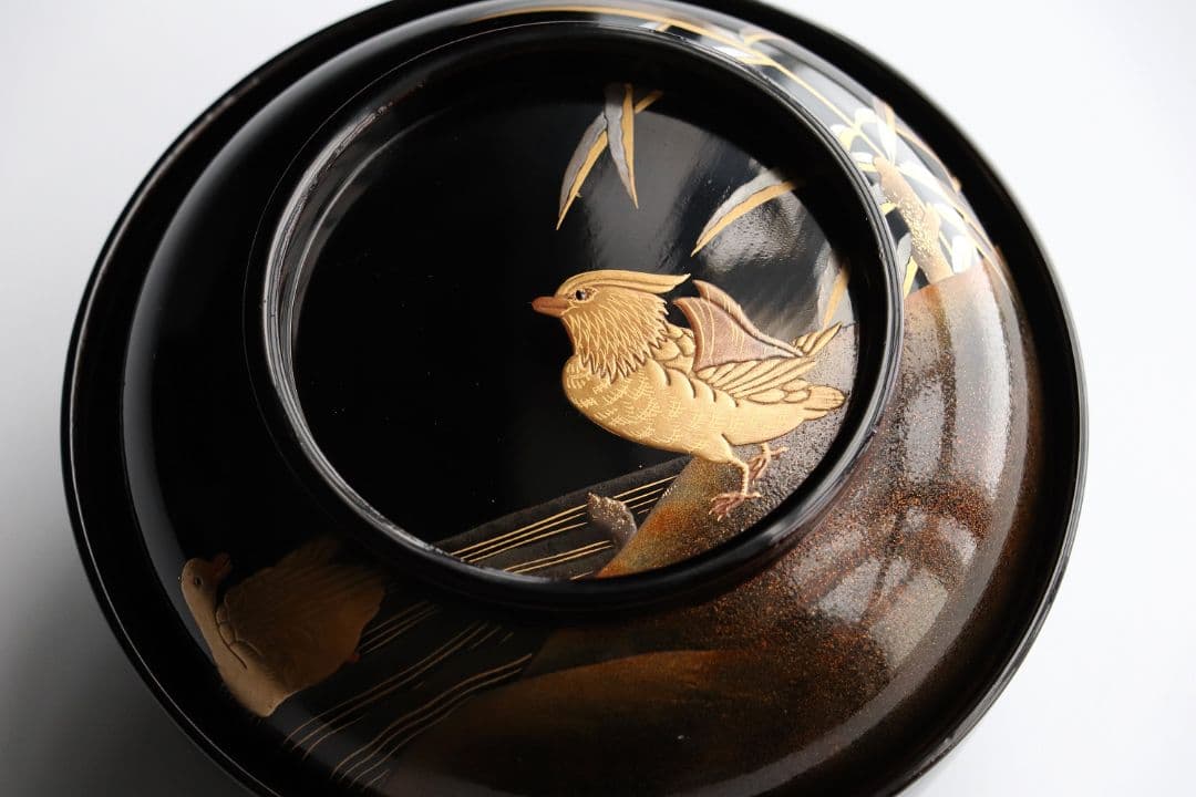 CL85 能登輪島塗 鴛鴦金蒔絵 見返梅 黒塗椀 二客 天然木 梨地 研出 花鳥